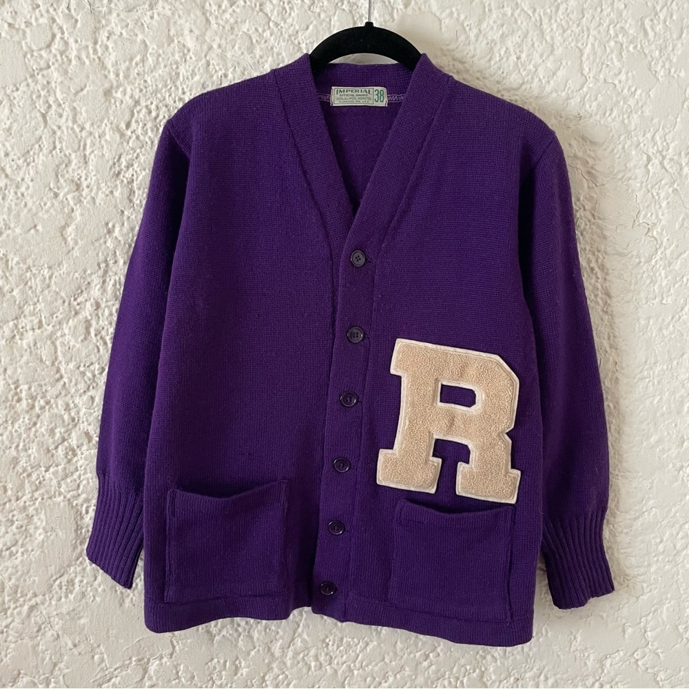Vintage Imperial Wool Letterman Sweater Size 38 (Medium) Purple R Patch Preppy